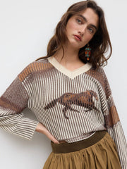 Knitted V-neck Horse Stripe Long Sleeve Sweater