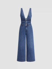 Cider Denim V-neck Button Pocket Wide Leg Jumpsuit