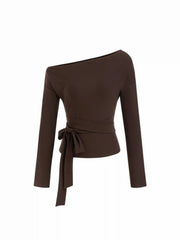 Asymmetrical Neck Belted Long Sleeve Top