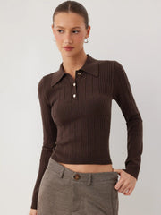 Knit Polo Metal Detail Long Sleeve Top