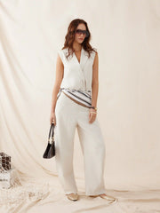 Linen-blend Striped Notched Collar Sleeveless Blouse Bodysuit