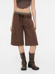 Cotton-blend High Rise Patchy Bermuda Drawstring Cargo Shorts