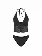 Lace Halter Neckline Floral Cheeky Bikini Set With Beaded Detail