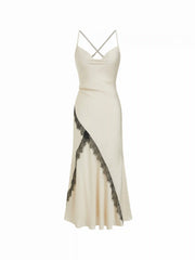 Satin Cowl Neck Lace Panel Mermaid Maxi Dress