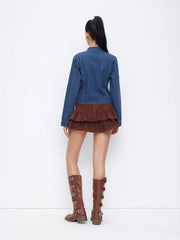 Denim Mandarin Collar Long Sleeve Striped Cut Out Blouse