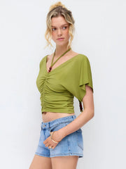 V-neck Ruffle Sleeve Ruched Halter Top