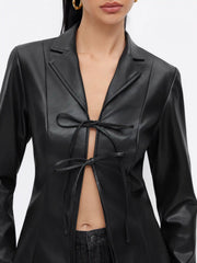 Faux Leather Collar Bell Sleeve Tie Front Bow Jacket