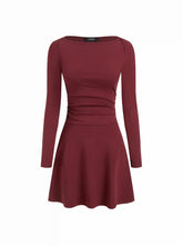 Cotton-blend Boat Neck Long Sleeve Ruched Flared Mini Dress
