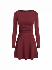Cotton-blend Boat Neck Long Sleeve Ruched Flared Mini Dress
