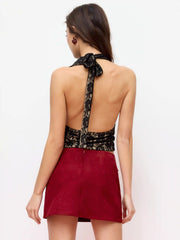Lace Halter Neck Top With Rose Detail