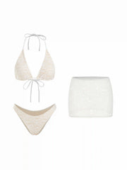 Halter Neckline Lace Triangle Bikini Set With Lace Skirt