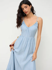 Linen-blend Beaded Criss Cross Backless Maxi Dress