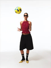 Chiffon Halter Neckline Knotted Ruched Backless Top