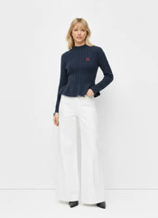 Cable Knit Stand Collar Cherry Embroidery Peplum Sweater