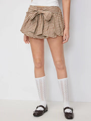Mid Rise Plaid Bowknot Bubble Hem Mini Skort