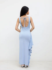 Cowl Neck Ruffle Hem Split Backless Maxi Dress