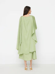 Satin Boat Neck Metal Detail Ruffle Maxi Dress