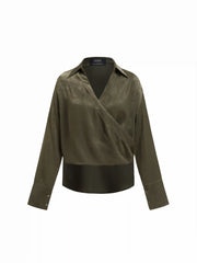 Satin Long Sleeve Wrap Front Blouse
