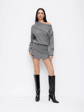 Knit Asymmetrical Neck Metal Detail Mini Dress