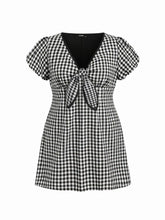Cotton-blend V-neck Puff Sleeve Twist Knotted Gingham A-line Mini Dress Curve & Plus