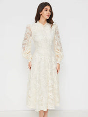 Lace Stand Collar Paisley Lantern Sleeve Maxi Dress