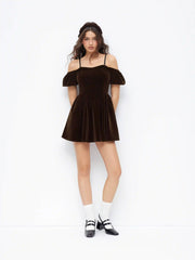 Velvet Off-shoulder Puff Sleeve Lace Up Mini Dress