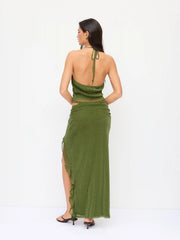 Metallic Mesh Halter Top & Low Rise Asymmetrical Pencil Maxi Skirt Set