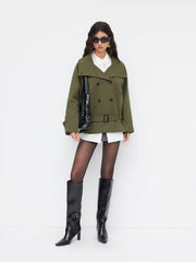 Multi-way Cotton Funnel Neck Double Breasted Oversized Windbreaker With Belt