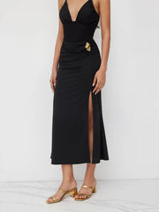 Mid Rise Split Metal Detail Ruched Midi Skirt