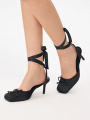 SATIN BOWKNOT DECOR SLINGBACK TIE LEG BALLET HEELS