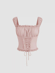 Square Neck Lace Up Lettuce Trim Tank Top