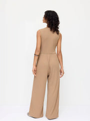 V-neck Lace Trim Ruched Wide Leg Jumpsuit