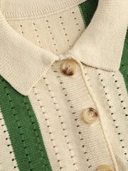 Knit Polo Striped Hollow Out Short Sleeve Top