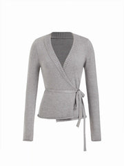 Knit V-neck Wrap Long Sleeve Top With Belt
