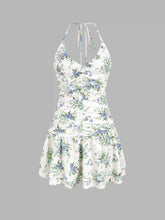 Halter V-neck Floral Layered Ruffle Hem Mini Dress