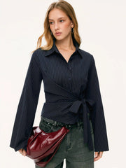 Collar Striped Wrap Side Knotted Bell Sleeve Blouse