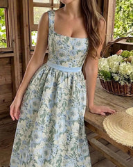 Jacquard Sculptural Floral Square Neck Lace Up Flared Midi Dress