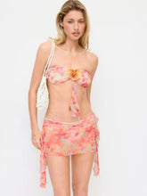 Floral Flower Detail Bandeau Bikini Set With Ruffle Beach Skirt