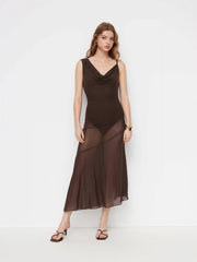 Mesh Cowl Neck Backless See-through Ruffle Hem Maxi Bodysuit Dress