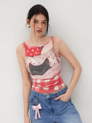 Cotton-blend Cat Graphic Gingham Ruched Tank Top