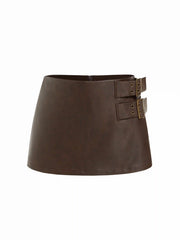 Faux Leather Mid Rise Belted A-line Mini Skort