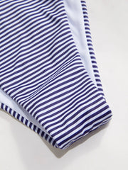 U-neckline Stripe Shell Detail Ruched Bracelet Cheeky Bikini Set