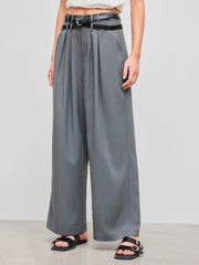 Solid Belted Straight Leg Trousers