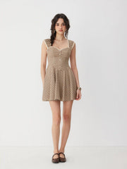 Cotton-blend Gingham Sweetheart Neck Lace Panel Mini Dress