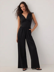 V-neck Lace Trim Ruched Bowknot Mid Rise Wide Leg Jumpsuit