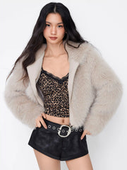 Faux Fur Hooded Zip Through Long Sleeve Jacket