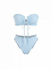 Textured Strapless Cut Out Lettuce Trim Bracelet Bikini Set