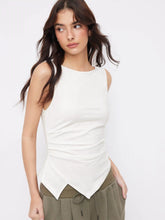 Cotton-blend Boat Neck Ruched Asymmetrical Hem Top