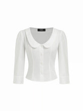 Cotton-blend Peter Pan Collar Middle Sleeve Blouse