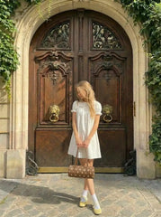 Cotton-blend Peter Pan Collar Puff Sleeve Lace Trim Mini Dress
